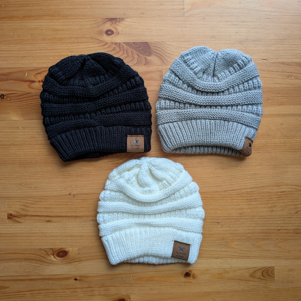 Cozy Knit Beanie Set - Black, Gray, and White
